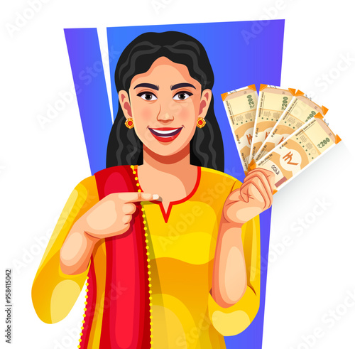 A cheerful Indian woman in suit salwar showing a group of Indian 200 rupee banknotes in her hand - concept of profit, banking, and investment paper currency
