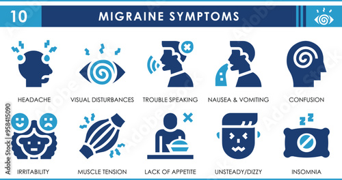 A set of solid icons related to Symptoms of Migraine. Headache, confusion, insomnia, visual disturbance, mood swing, and so on. Vector flat icons set.
