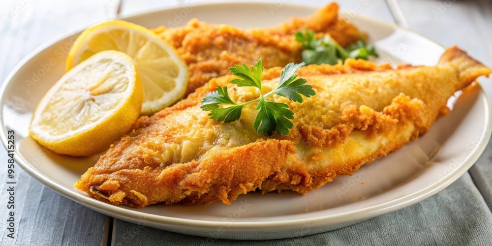 Close-up of crispy fried fish served with a slice of lemon , fried, fish, seafood, meal, delicious, crispy, golden, plate, garnish Close-up of crispy fried fish served with a slice of lemon , fried, fish, seafood, meal, delicious, crispy, golden, plate, garnish