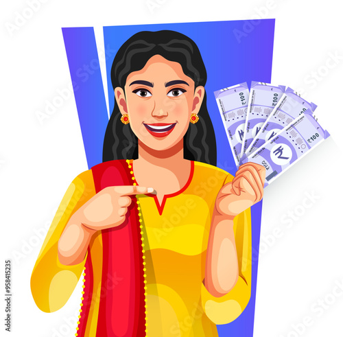 A cheerful Indian woman in suit salwar showing a group of Indian 100 rupee banknotes in her hand - concept of profit, banking, and investment paper currency