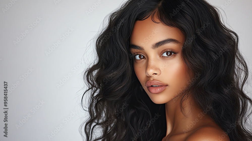 Elegant portrait of a woman with beautiful, flowing black hair, showcasing natural beauty and captivating features in soft light. Elegant portrait of a woman with beautiful, flowing black hair, showcasing natural beauty and captivating features in soft light.