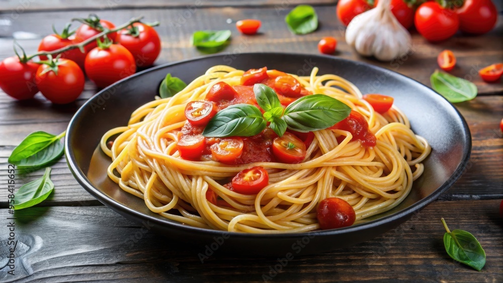 Spaghetti with fresh tomato sauce, basil, and gourmet presentation, vegetarian, pasta, Italian, cuisine, appetizer, healthy Spaghetti with fresh tomato sauce, basil, and gourmet presentation, vegetarian, pasta, Italian, cuisine, appetizer, healthy