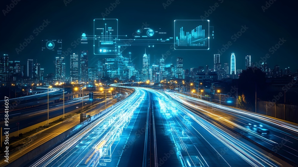 Obraz premium Futuristic City Skyline with Holographic Data Display Providing Insights into Traffic,Pollution,and Energy Efficiency