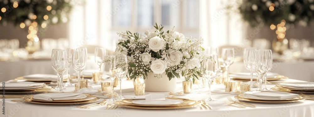 3D rendering of a wedding dinner table setting featuring white linens golden decor and floral centerpieces 3D rendering of a wedding dinner table setting featuring white linens golden decor and floral centerpieces