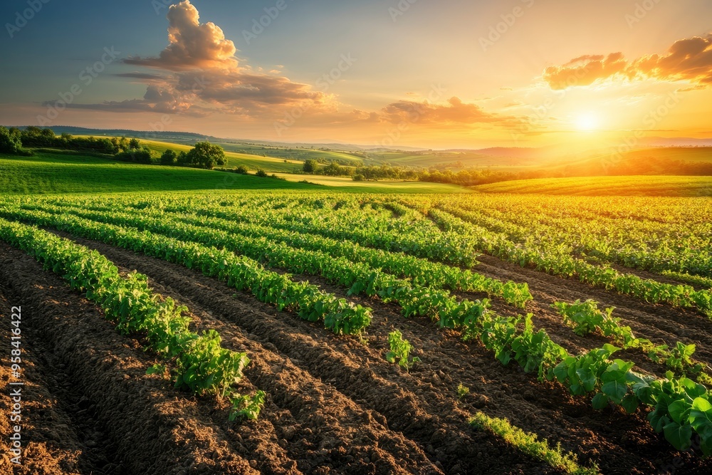 beautiful view in a green farm field with rows of rural plants and vegetables with amazing sunset or sunrise on background of agricultural landscape, ai beautiful view in a green farm field with rows of rural plants and vegetables with amazing sunset or sunrise on background of agricultural landscape, ai