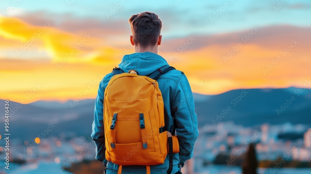 Fototapeta premium A traveler with a yellow backpack admires a stunning sunset over the city, capturing a moment of adventure and exploration.