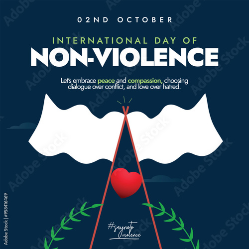 International Day of Non Violence. 2nd October Non violence day celebration banner with two white flags indicating peace, negotiation. The day celebrates birthday of Gandhi pioneer of non violence