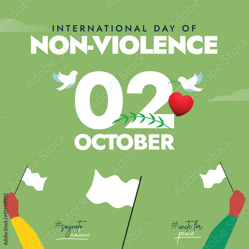 International Day of Non Violence. 2nd October Non violence day celebration banner with white flags indicating peace, negotiation. The day celebrates birthday of Gandhi pioneer of non violence. 