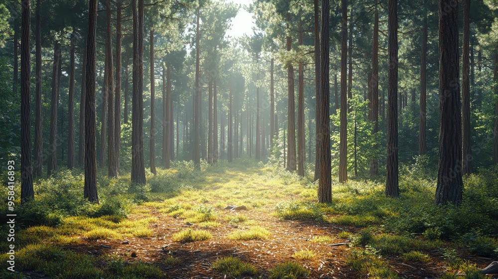 Obraz premium Explore a serene forest path illuminated by sunlight, featuring tall trees, lush greenery, and a tranquil atmosphere.