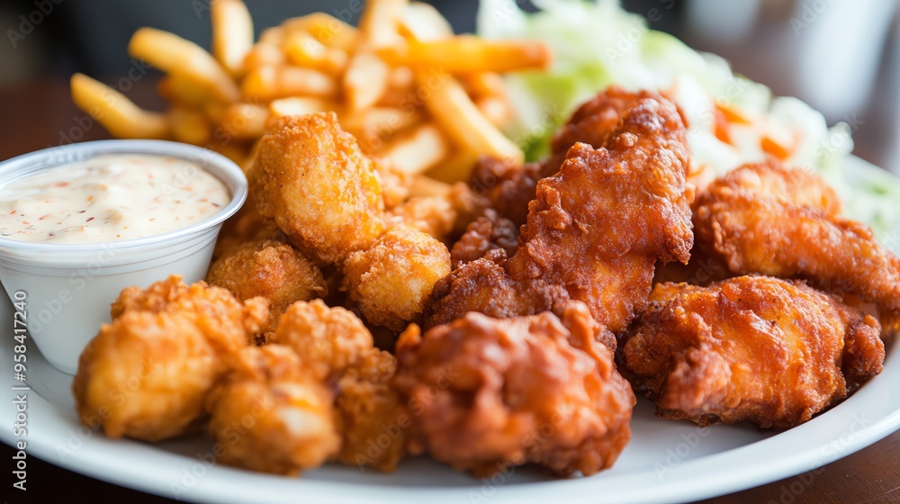 Fried Chicken, Potato Wedges, and Dipping Sauce on a White Plate Fried Chicken, Potato Wedges, and Dipping Sauce on a White Plate