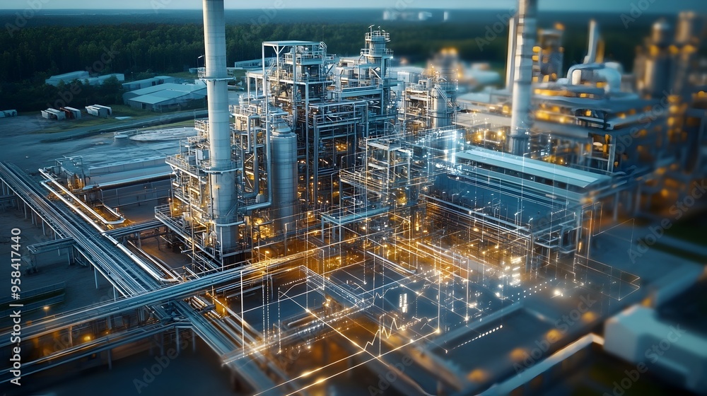Industrial Plant with Virtual Twin Showcasing Key Performance Metrics and Maintenance Schedules Industrial Plant with Virtual Twin Showcasing Key Performance Metrics and Maintenance Schedules