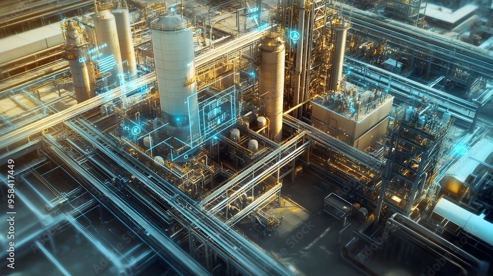 Digital Twin of an Industrial Plant Displaying Key Performance Metrics and Maintenance Schedules Digital Twin of an Industrial Plant Displaying Key Performance Metrics and Maintenance Schedules