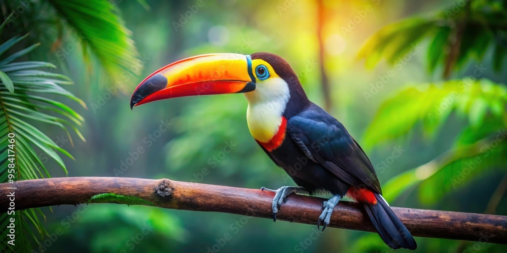 Fototapeta premium Vibrant toucan bird perched on a tree branch in the rainforest, toucan, bird, colorful, nature, wildlife, tree, branch, tropical