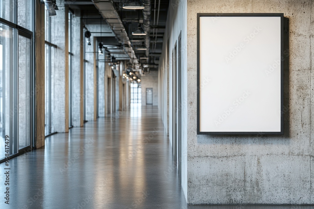 A modern hallway with a blank frame on a concrete wall, suitable for displaying artwork. A modern hallway with a blank frame on a concrete wall, suitable for displaying artwork.