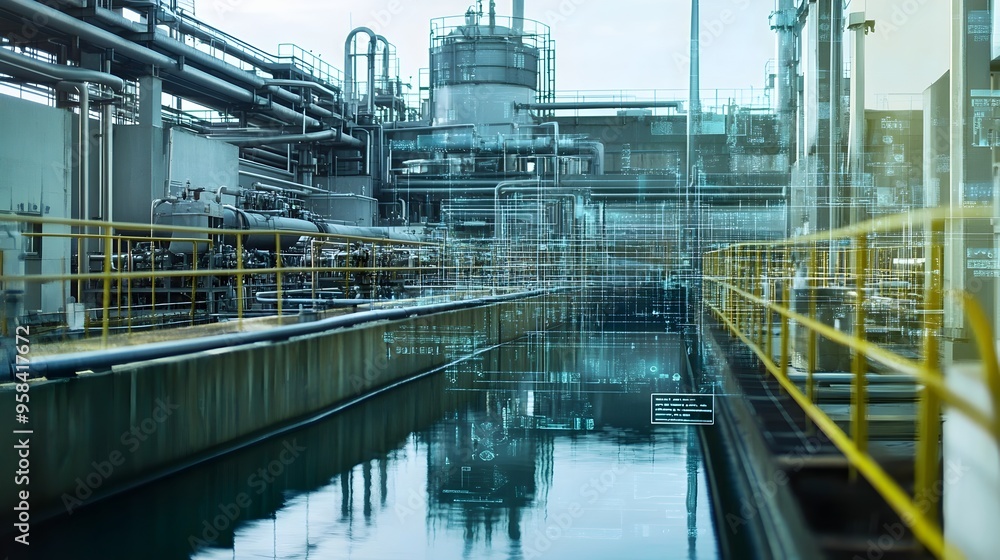 Virtual Twin of Water Treatment Plant with Detailed Digital Overlay of Key Metrics Virtual Twin of Water Treatment Plant with Detailed Digital Overlay of Key Metrics