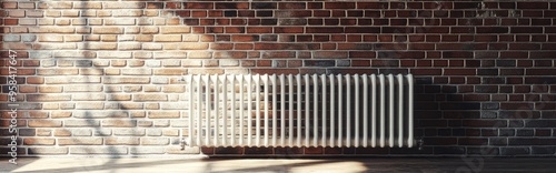 3D rendering of an old white iron radiator for central heating against a brick wall in a chilly room