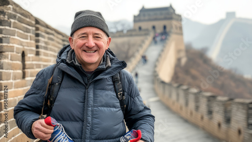 Happy tourist standing on the Great Wall of China on a sunny day, enjoying the breathtaking view.