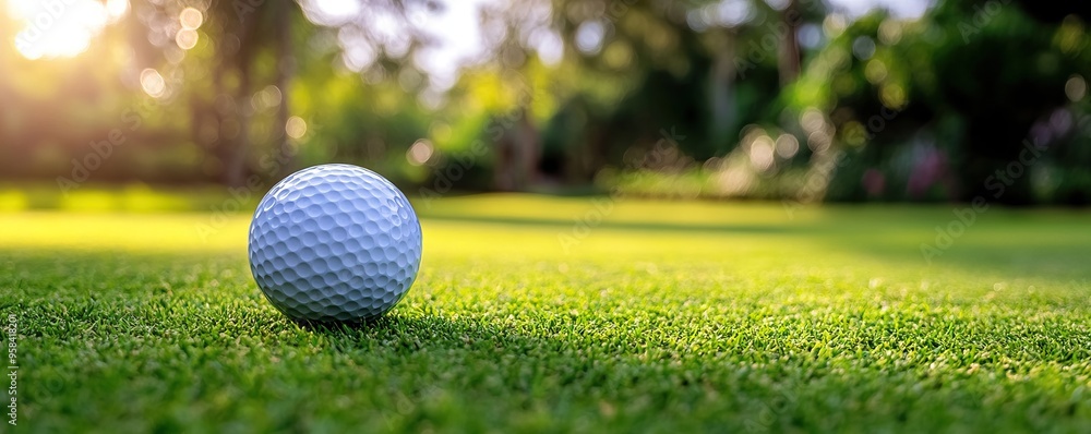 A close-up view of a golf ball resting on a lush green field, illuminated by soft sunlight, perfect for sports-themed content. A close-up view of a golf ball resting on a lush green field, illuminated by soft sunlight, perfect for sports-themed content.
