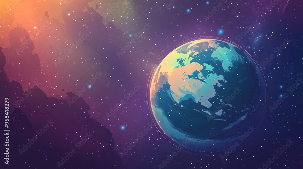 Obraz premium Abstract space background featuring Earth and stars in a 3D cartoon style