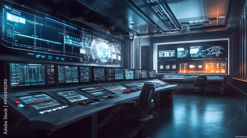 Futuristic Control Room Monitoring Complex Automated Process Through Multiple Screens Futuristic Control Room Monitoring Complex Automated Process Through Multiple Screens