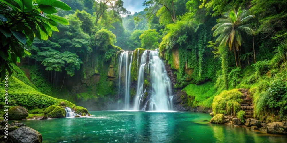 Fototapeta premium A stunning waterfall surrounded by lush green jungle foliage, waterfall, jungle, nature, tropical, scenery, exotic