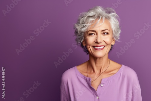 Purple background Happy european white Woman grandmother realistic person portrait of young beautiful Smiling Woman Isolated on Background 