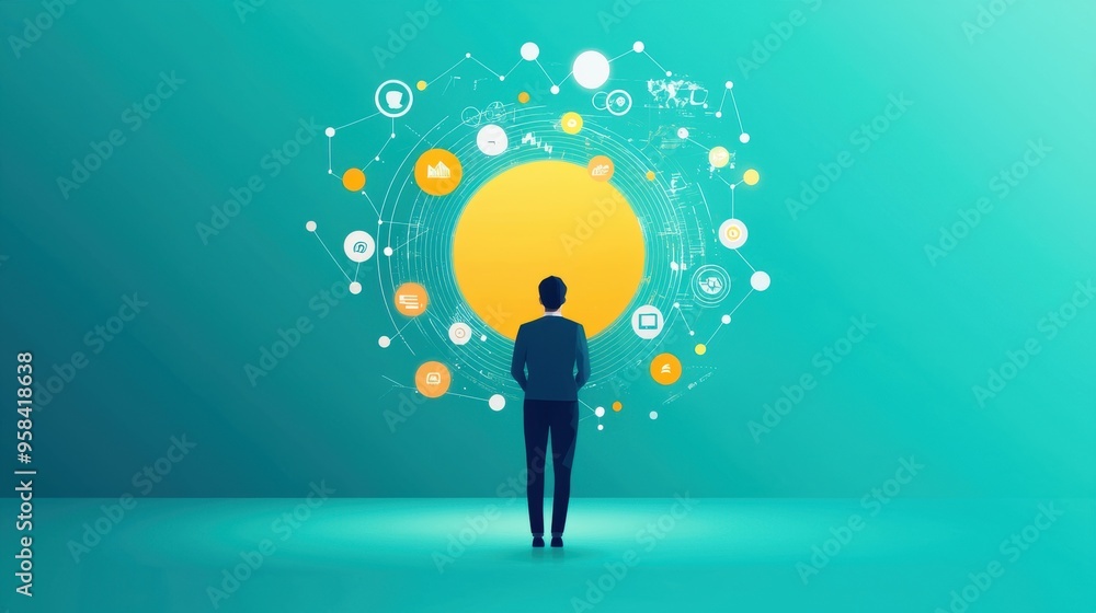 Person standing in front of a giant screen, bombarded by targeted ads, ethics of data-driven marketing, flat design illustration Person standing in front of a giant screen, bombarded by targeted ads, ethics of data-driven marketing, flat design illustration