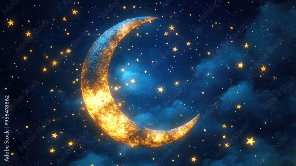 Naklejka premium A beautiful half moon adorned with stars in a 3D cartoon rendering
