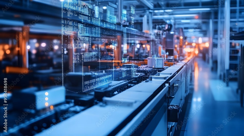 Naklejka premium Automated Electronics Factory Assembly Line with Digital Workflow Optimization