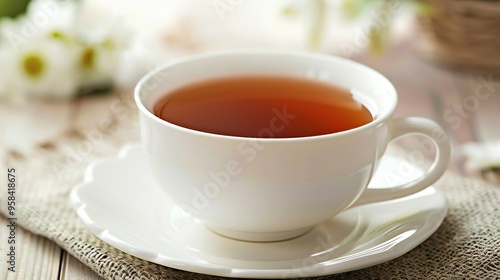 A cup of tea on a table with a white saucer.