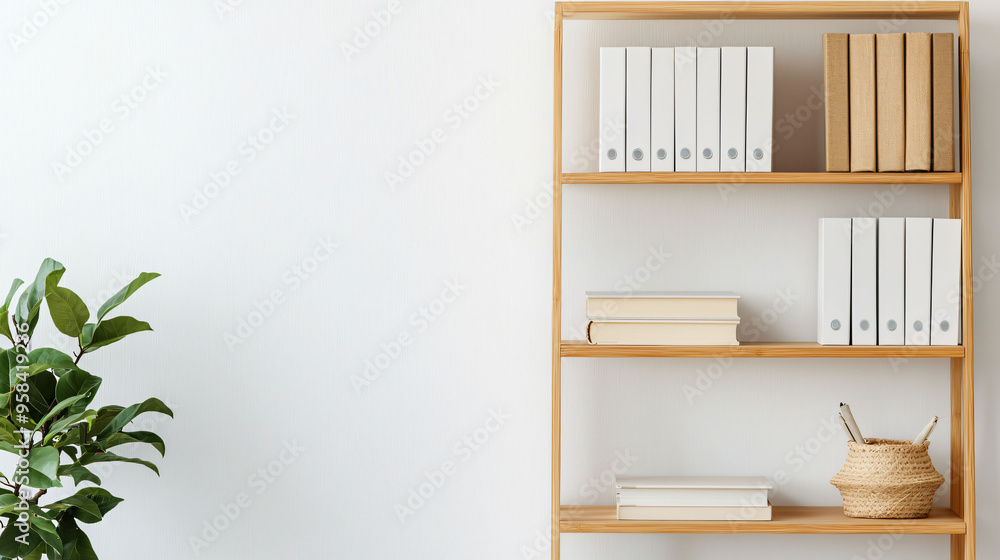 Bamboo shelving unit with smooth finish, holding books and files, adds touch of elegance to any space. greenery complements minimalist design beautifully. Bamboo shelving unit with smooth finish, holding books and files, adds touch of elegance to any space. greenery complements minimalist design beautifully.