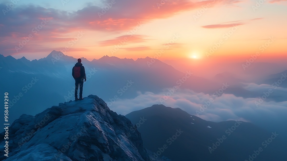 Standing on a mountain peak at sunrise, a man looks out at clouds stretching below, lost in awe. Standing on a mountain peak at sunrise, a man looks out at clouds stretching below, lost in awe.