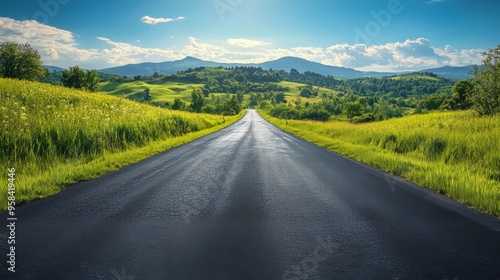 Bright rural road with fresh asphalt and green hills under bright blue sky, creating a peaceful and livable atmosphere for adding car images in your ads. photo