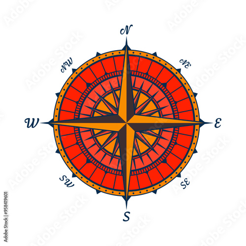Vintage marine wind rose, nautical chart. Colorful navigational compass with cardinal directions of North, East, South, West. Geographical position, cartography and navigation. Vector illustration