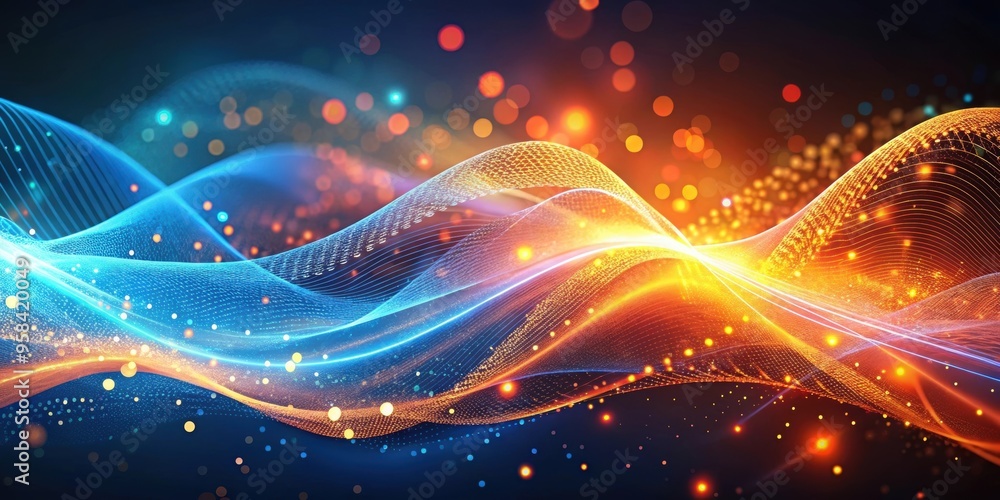 Vibrant abstract tech background with flowing waves and dynamic particles, illuminated by orange and blue hues, abstract Vibrant abstract tech background with flowing waves and dynamic particles, illuminated by orange and blue hues, abstract