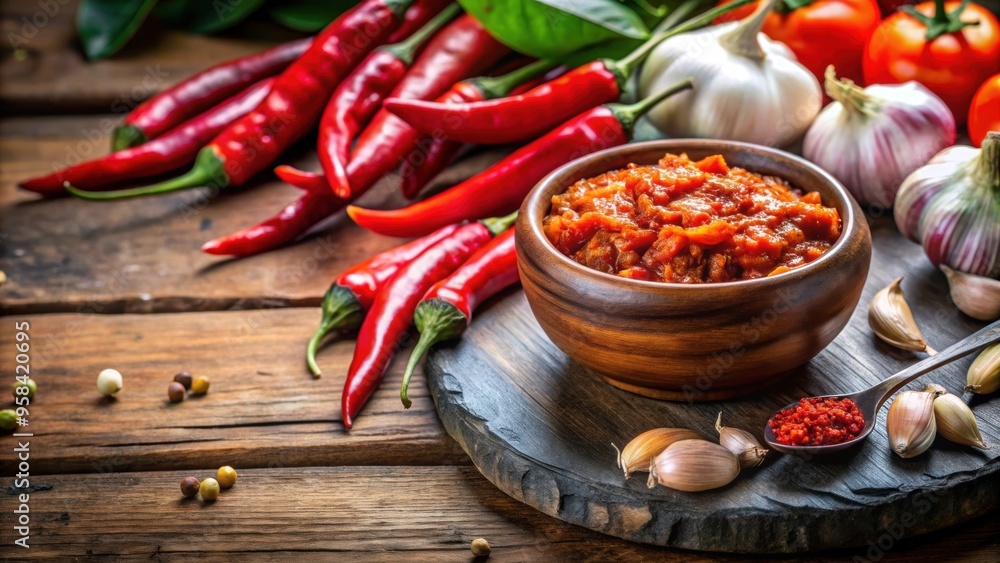 Indonesian garlic chilli sambal with traditional ingredients , Indonesian, sambal, garlic, chilli, spicy Indonesian garlic chilli sambal with traditional ingredients , Indonesian, sambal, garlic, chilli, spicy