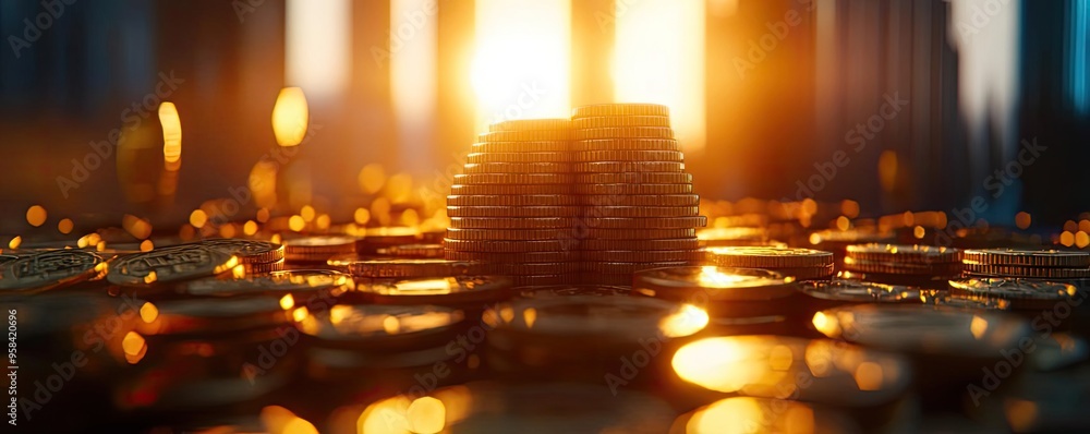 A captivating view of stacked coins glimmering in golden light, symbolizing wealth and financial prosperity. A captivating view of stacked coins glimmering in golden light, symbolizing wealth and financial prosperity.
