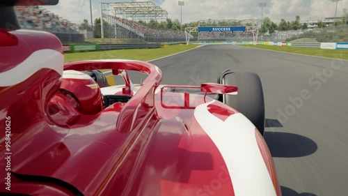 POV shot of a generic formula one race car overtaking his opponent and taking the lead. Race car point of view. 3d animation rendering