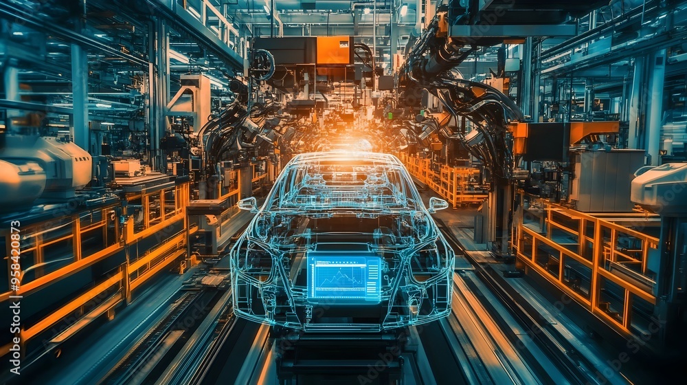 Automated Automotive Factory Assembly Line with Real-time Production Data Visualization Automated Automotive Factory Assembly Line with Real-time Production Data Visualization
