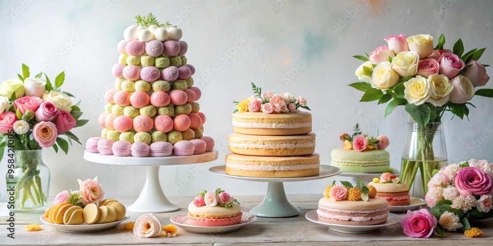 Delicate dessert table with pastel macarons, tiered cake, and lush floral arrangements, dessert, spread, pastel Delicate dessert table with pastel macarons, tiered cake, and lush floral arrangements, dessert, spread, pastel