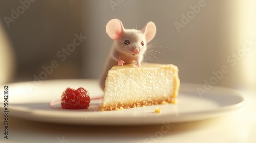 Cheesecake being stolen by a masked mouse on a table, close-up shot with a blurred backdrop for a playful scene. photo