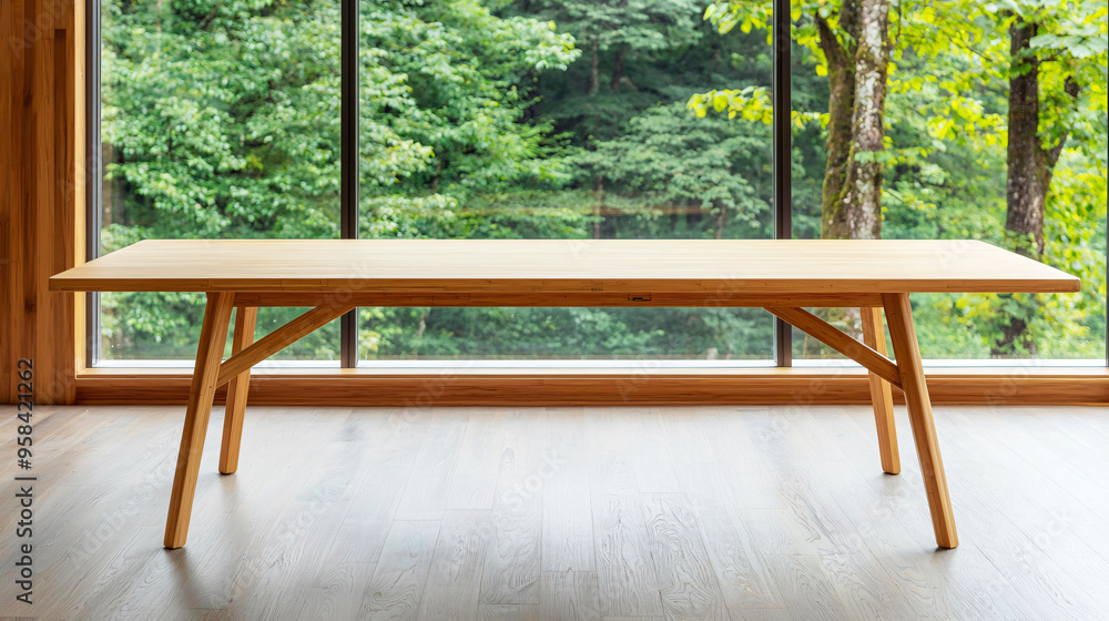 Modern bamboo dining table with sleek lines, set against serene backdrop of nature.