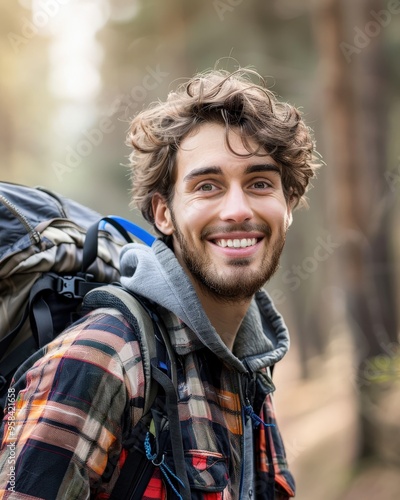 Male Hiker Portrait: Active Young Man Smiling and Hiking Outdoors