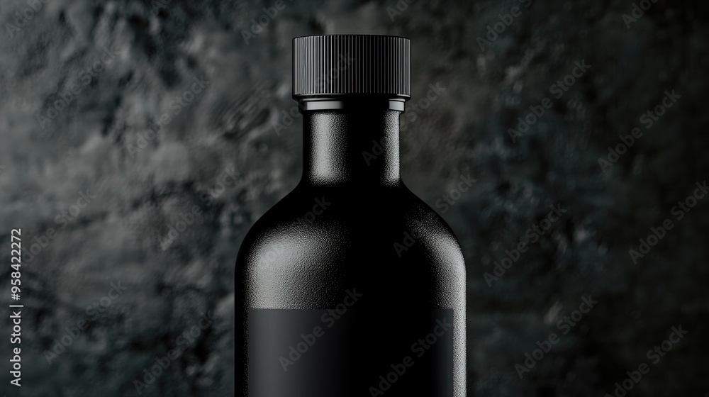 A black glass bottle with a blank label and a black cap on a textured background. A black glass bottle with a blank label and a black cap on a textured background.