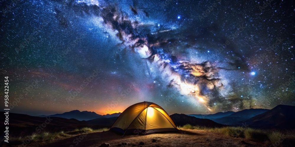 Camping beneath the Milky Way with a tent against a starry sky landscape, camping, tent, Milky Way, starry sky Camping beneath the Milky Way with a tent against a starry sky landscape, camping, tent, Milky Way, starry sky