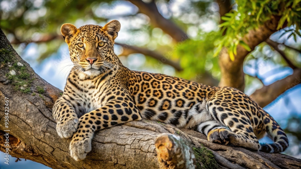 A leopard resting in a tree in the African savanna , wildlife, predator, nature, safari, feline, tree, spotted, Africa A leopard resting in a tree in the African savanna , wildlife, predator, nature, safari, feline, tree, spotted, Africa