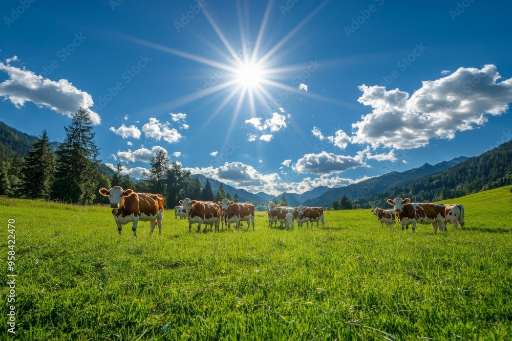 Obraz premium Cows are peacefully Grazing Under a Bright and Clear Blue Sky in a Serene Pasture Scene