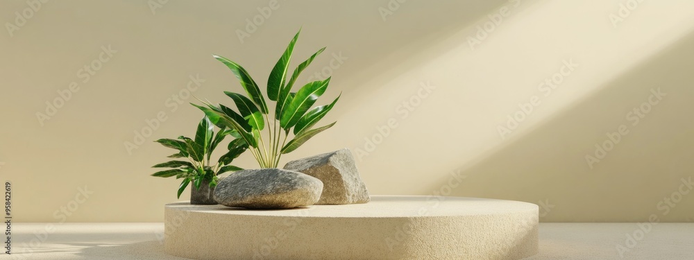Minimalist 3D display podium featuring a green plant and stones set against a beige background Abstract rendering for product promotion Minimalist 3D display podium featuring a green plant and stones set against a beige background Abstract rendering for product promotion