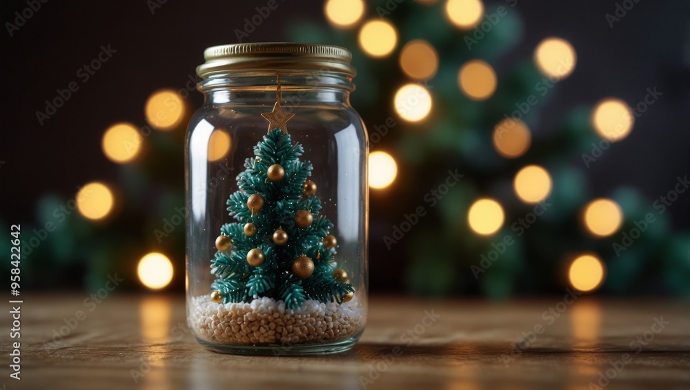 Merry Christmas and happy new year concept, Close up, Elegant Christmas tree in glass jar decoration Merry Christmas and happy new year concept, Close up, Elegant Christmas tree in glass jar decoration