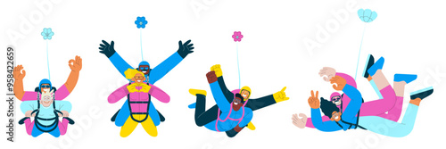 Skydiving collection. Cheerful flying females and males, tandem skydiving jump. Extreme sport activities. Modern flat vector illustration.